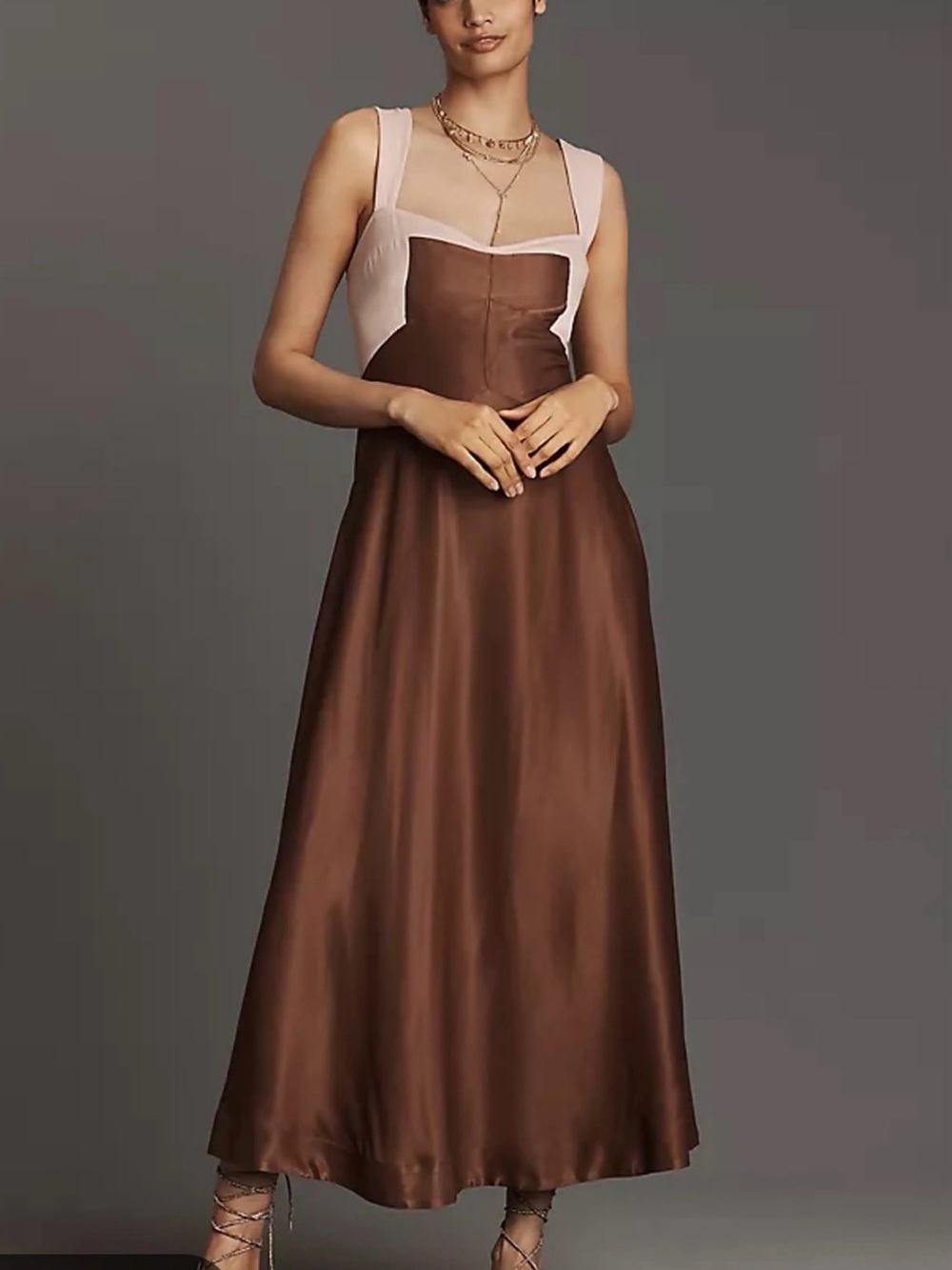 Maeve Blush and Brown Two-Tone Satin Maxi Dress